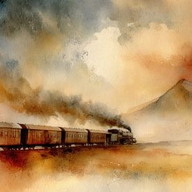 Stoomtrein bij zonsondergang - nostalgisch schilderij van Peter Pen tekeningen en schilderijen