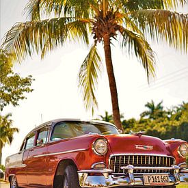 Classic car under a palm tree in Old Havana, Cuba by Wouter van der Ent