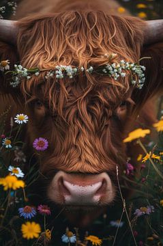 Natural Charm - Scottish Highlander and Meadow Flowers by Eva Lee