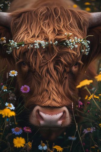 Natural Charm - Scottish Highlander and Meadow Flowers