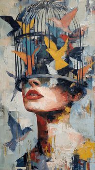 Woman Head Cage Birds Flying Sky