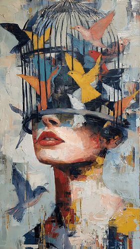 Vrouw met vogelkooi op het hoofd, vogels vliegen door de lucht