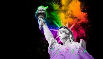  Statue of Liberty with colorful rainbow holi paint powder explosion isolated on black background by Maria Kray
