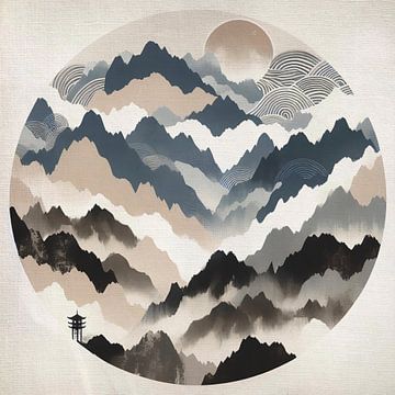 Japandi mountain landscape at sunrise