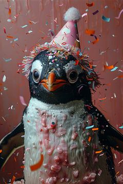 Grappige pinguïn met verjaardagshoed en taart viert feest van Poster Art Shop