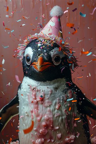Grappige pinguïn met verjaardagshoed en taart viert feest