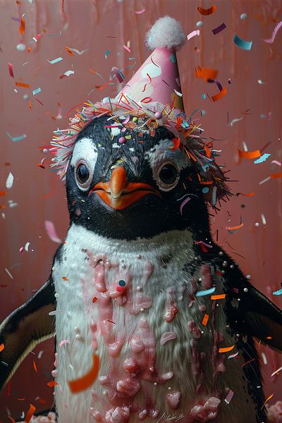 Drôle de pingouin avec chapeau d'anniversaire et gâteau Célèbre par Poster Art Shop