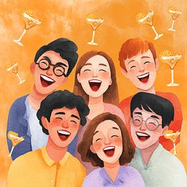 Fröhliche Freunde feiern gemeinsam – Illustration glücklicher Menschen auf warmem orangefarbenem Hintergrund von Geovia