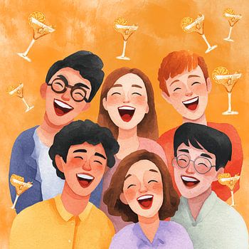 Fröhliche Freunde feiern gemeinsam – Illustration glücklicher Menschen auf warmem orangefarbenem Hintergrund