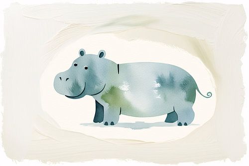 Schattig aquarel nijlpaard schilderij