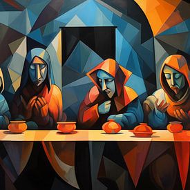 Biddende mensen in het klooster kubisme van TheXclusive Art