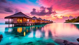 Bungalows in zee met zonsondergang