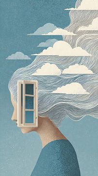 Surrealistisch raamportret – Vintage redactionele illustratie van een vrouw van Aden Pink Galerry