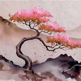 Japandi Art painting: ZEN Berglandschaft mit Kirschblüte von Studio Pieternel