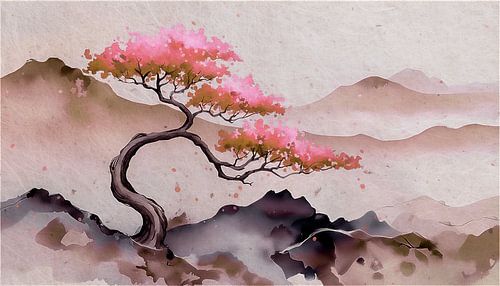 Japandi Art painting: ZEN Berglandschaft mit Kirschblüte