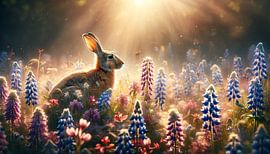 Hase im Blumenmeer unter goldener Morgenröte