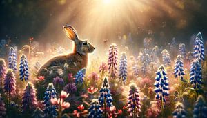 Lapin dans une mer de fleurs sous l'aube dorée