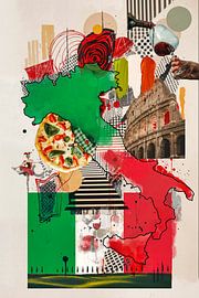 Italienische Pop-Art-Collage - Pizza, Wein und Kolosseum von Arjen Roos