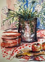 Still life on the kitchen table. Hand-painted