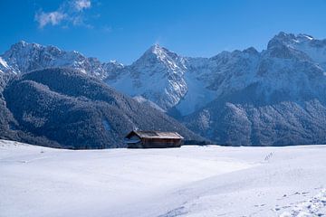 Verschneite Buckelwiesen bei Mittenwald, eingebettet in die winterliche Bergwelt der Alpen.