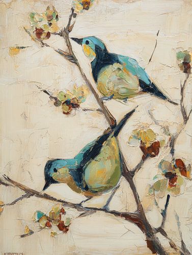 Painting of two birds on a blossoming branch
