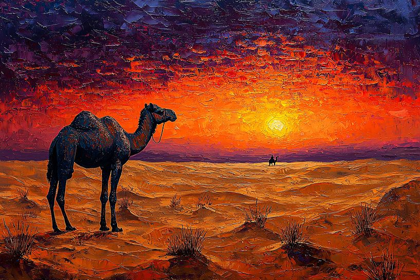 Kameel bij kleurrijke zonsondergang van Art & Soul Creations