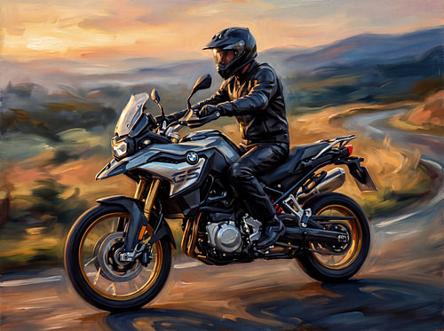 Une BMW F 900 GS sur un col de montagne au coucher du soleil
