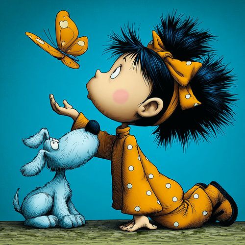 Vlinderkus | speelse illustratie van kind en hond in oranje en blauw van Karina Brouwer
