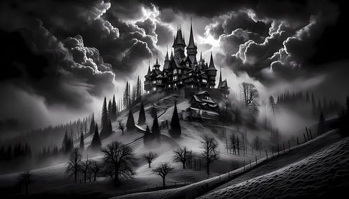 Mystiek kasteel in zwart-wit