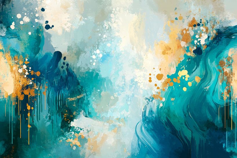 Abstrakte Farbexplosion im Blau-Gold von Poster Art Shop