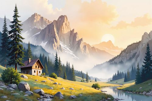 Zon die opkomt boven rustige vallei met berghut, rivier en m