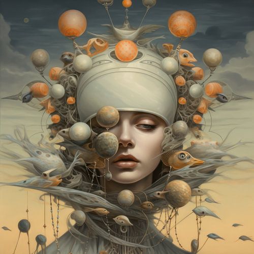 Portrait illustration of a beautiful woman in bizarre science fiction setting