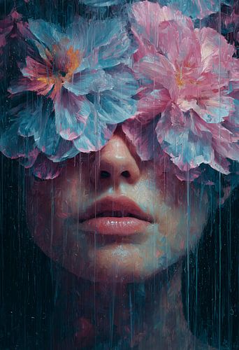 Rain Bloom – Abstraktes Porträt mit Blumen und Regen