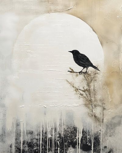 Mixed media collage with a bird on a branch