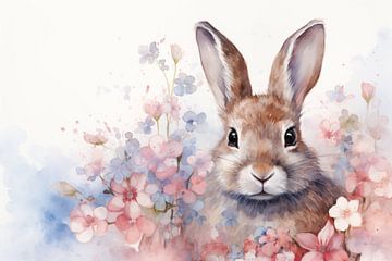 Aquarel van een mythisch konijn met geschilderde lentebloemen van Animaflora PicsStock