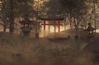 Japanse schrijn met rode torii Toegangspoort in mystiek licht van Besa Art thumbnail