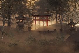 Japanese shrine with red torii entrance gate in mystic light by Besa Art