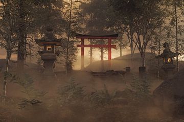 Japanse schrijn met rode torii Toegangspoort in mystiek licht van Besa Art