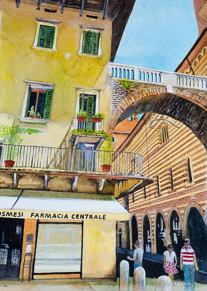 Verona Arco della Costa und der Palazzo della Raggione | Aquarellmalerei von WatercolorWall