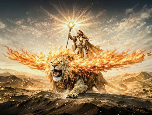 Het sterrenbeeld Leeuw met een krijger die op een vurige gevleugelde leeuw rijdt