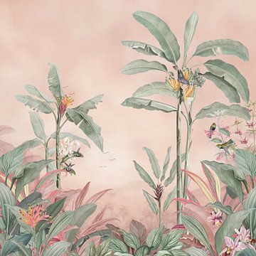 Vintage tropisch Jungle panorama roze van Bloomery Decor