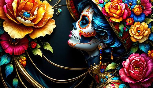 Dag van de Doden en La Catrina: Majestueus portret van een Mexicaanse vrouw in feestgewaad, verweven met felle bloemen en gouden ornamenten - een visuele viering van de herinnering aan Día de los Muertos