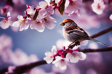 Sparrow on a cherry tree in spring by Animaflora PicsStock