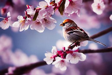 Moineau sur un cerisier au printemps sur Animaflora PicsStock