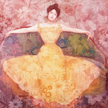 Dame in gele jurk omringd met bloemen, naar het werk van Max Kurzweil