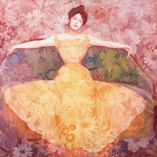 Lady in Yellow surrounded by flowers, after the work of Max Kurzweil