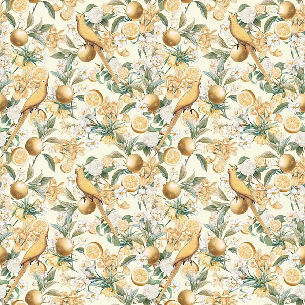 Yellow Fruits &amp; Birds Wallpaper by Marja van den Hurk