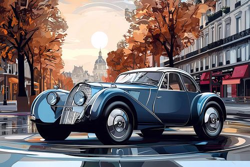 Een retro auto op een stadsstraat met bomen van een boulevard.