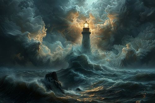 Un phare dramatique au milieu d'une violente tempête de mer
