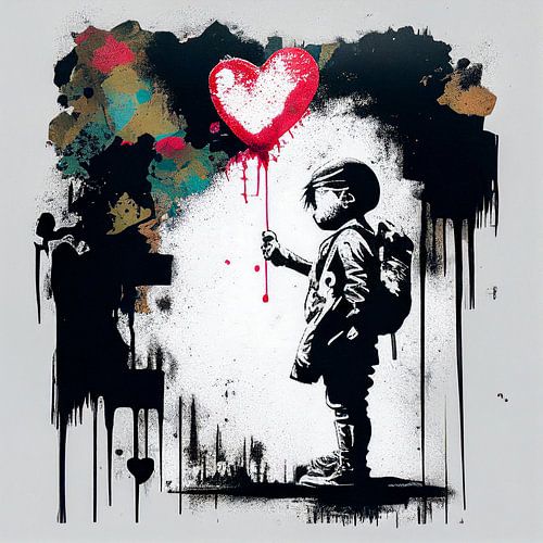 Pop Art Banksy, Boy with a heart. Digital Street Art